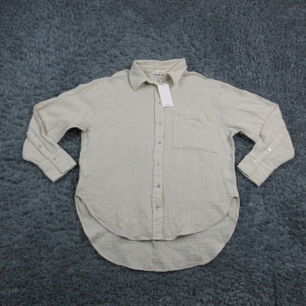 MNG Button Up Shirt Womens Medium Beige Woven Collared Long Sleeve Top NWT